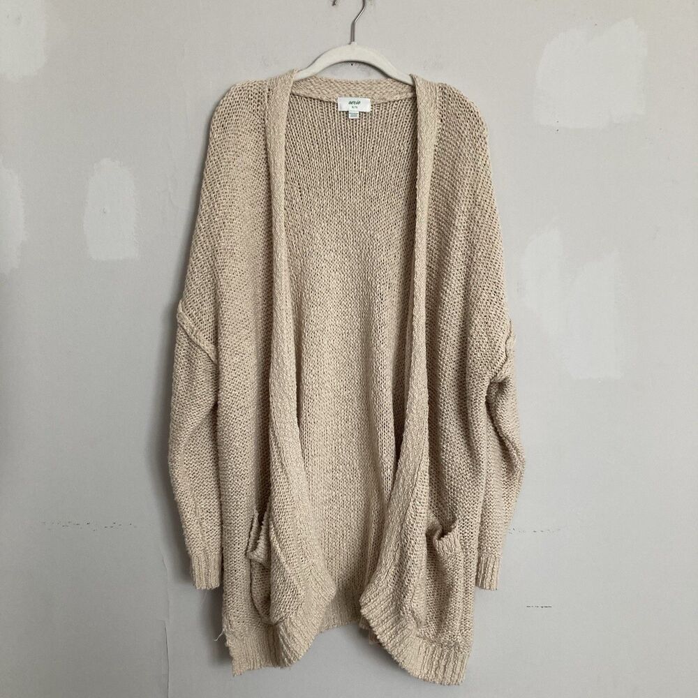 Aerie Open Knit Cardigan XL Cotton Blend Beige Boho Hippie Beach